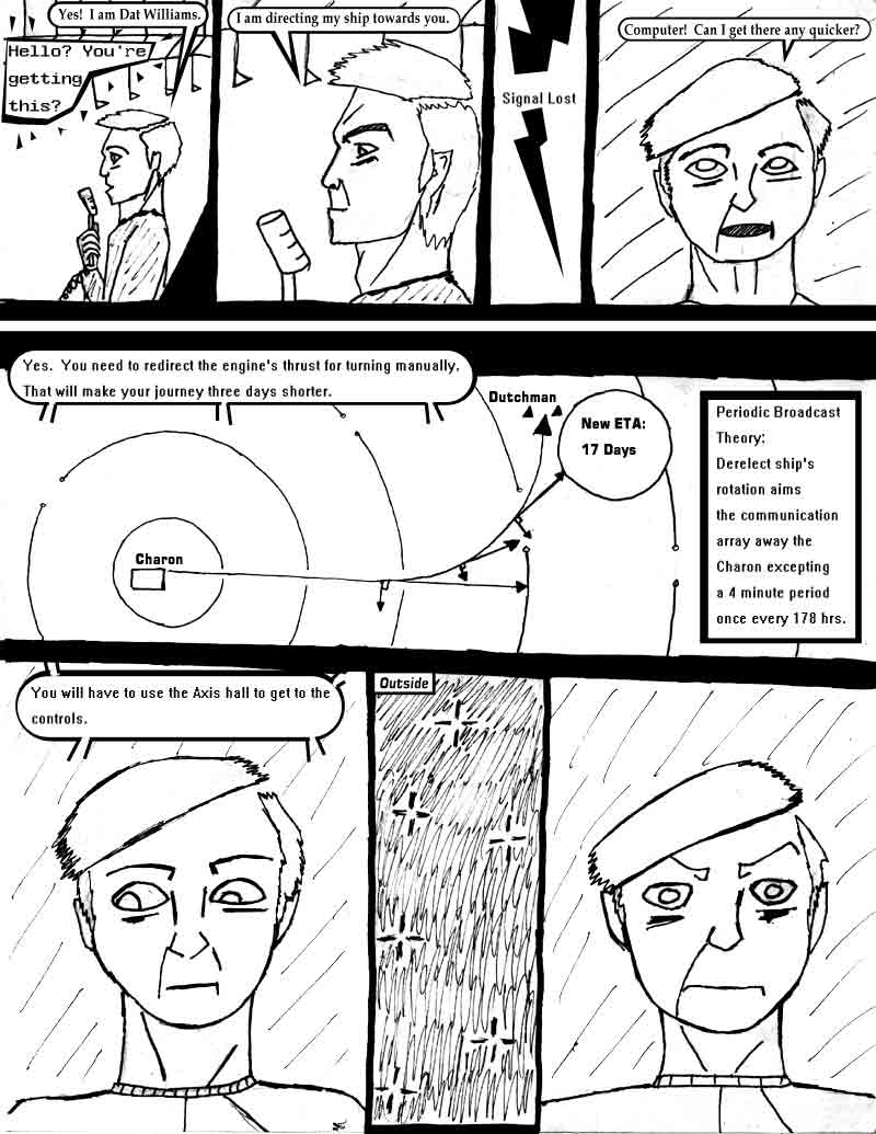 page 10 of the Adventures of Dat Williams Issue 1, the Autonomous Grave; Yes! I am Dat Williams. Hello? You're getting this? I am directing my ship towards you. Signal lost. Computer! Can I get there any quicker? Yes you need to redirect the engine's thrust for turning manually. That will make your journey three days shorter. New ETA: 17 Days. You will have to use the Axis hall to get to the controls.
