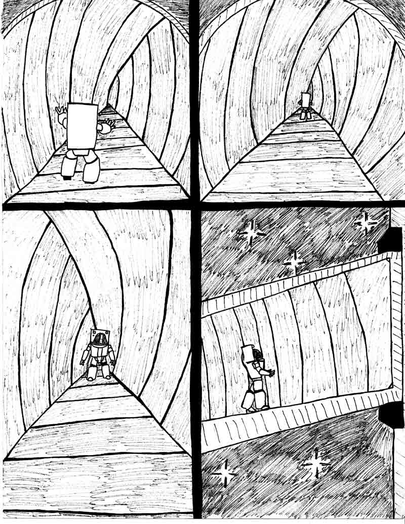 page 19 of the Adventures of Dat Williams Issue 1, the Autonomous Grave; Sarah Stopheles walks up the tether joining the two ships, reaching Dat's space ship.