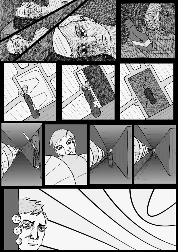 Dat Williams Comics Issue 4 page 9. Dat wakes from his nightmare, and wanders the halls. He finds the many tenticles of the Ship's computer converging in one place.